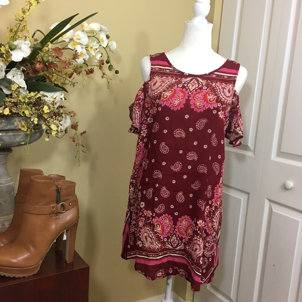 NWT Patrons of Peace Burgundy Floral Print Cold Shoulder Dress Size S Boho